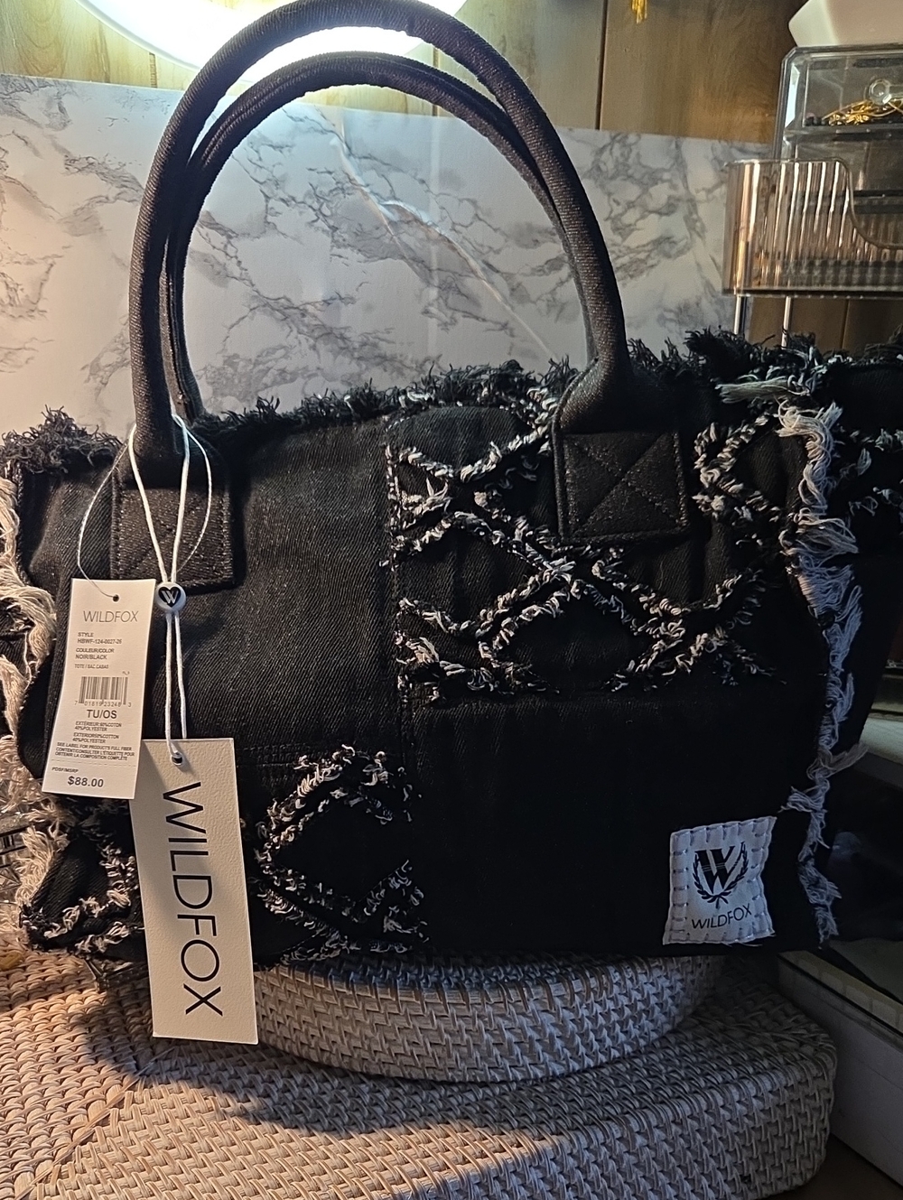 Wildfox Black Frayed Patchwork Denim Tote with White Trim